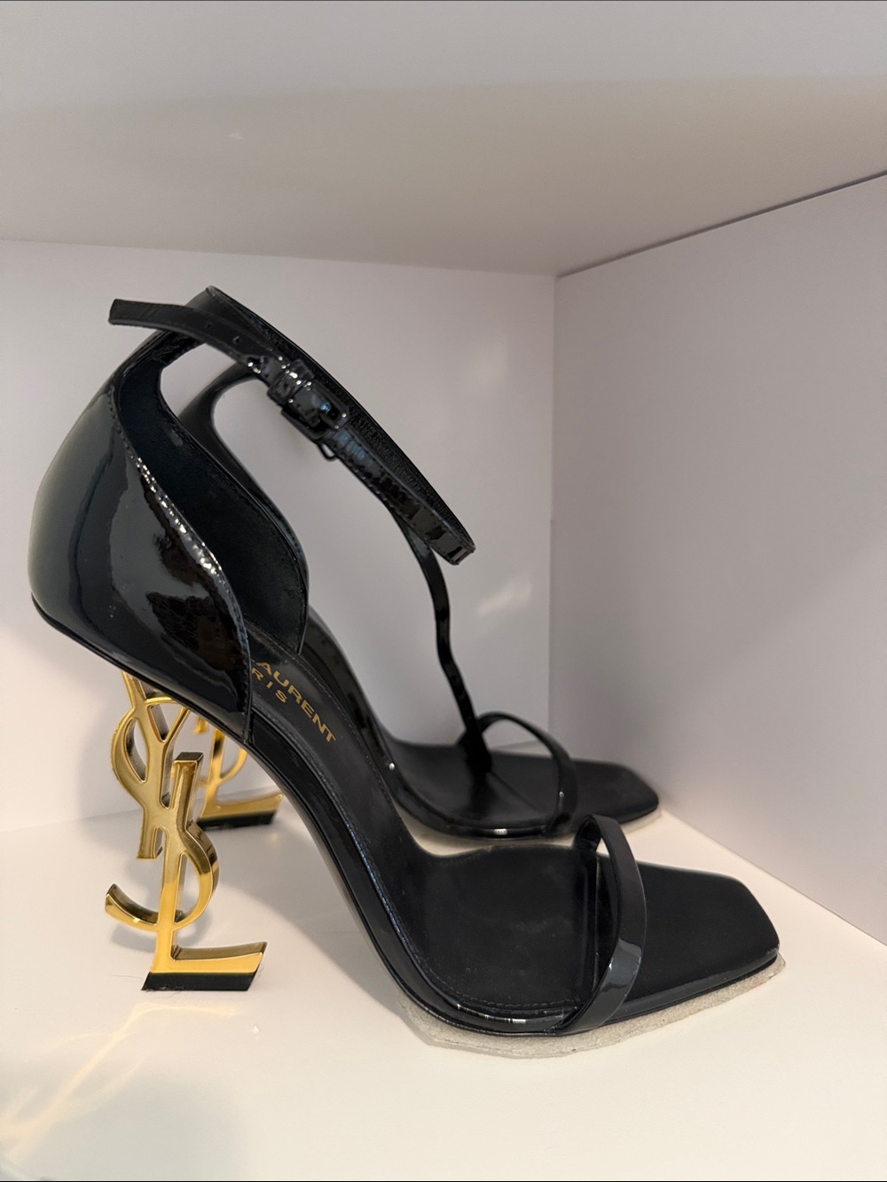 Saint Laurent Black Patent Opyum YSL Logo Heel Sandals